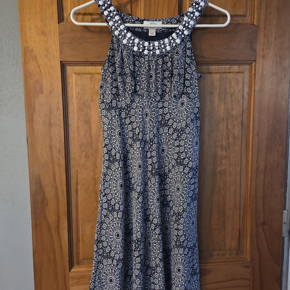 LOFT Black and White Geometric Midi Dress